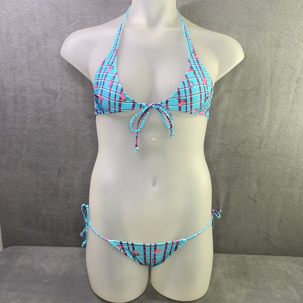 Cia Maritima Bikini Size S Blue Pink Velvet Plaid Cowboy Charms Brazilian